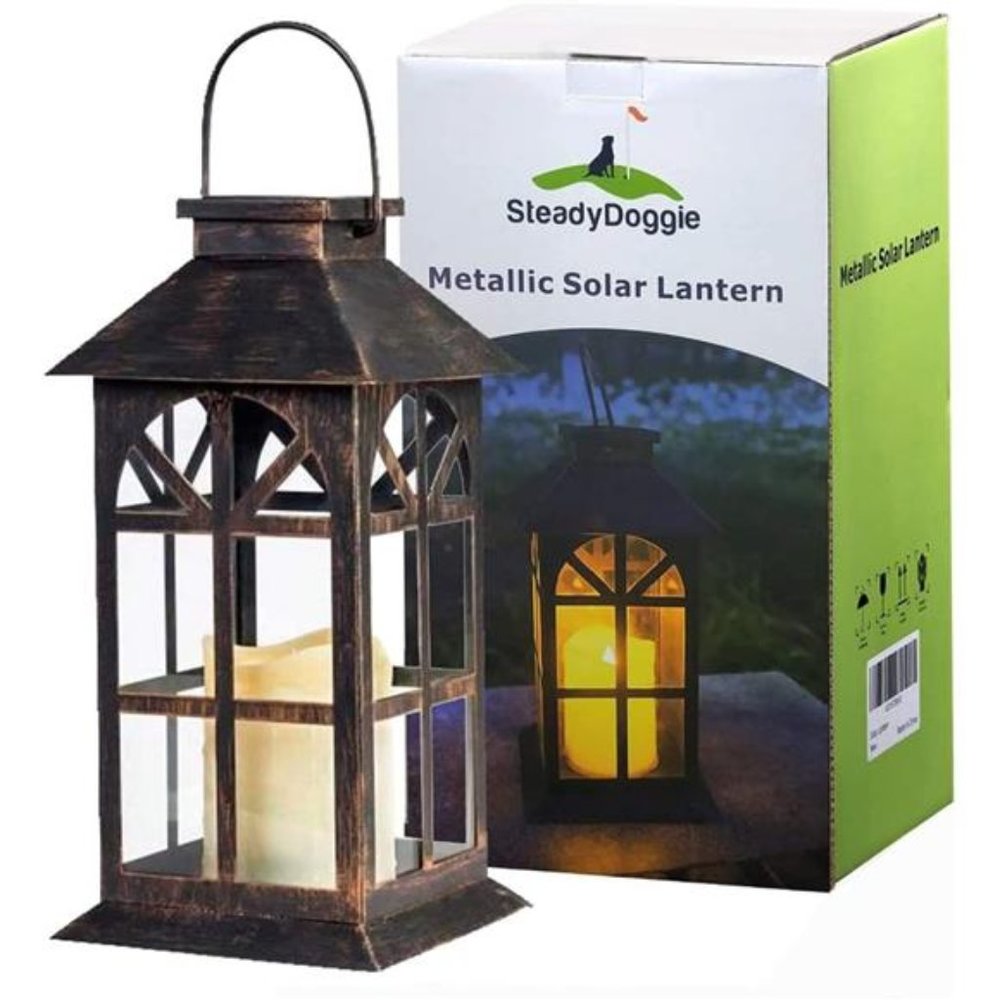 Solar Lantern Outdoor Classic Decor Bronze Antique Metal and Glass Construction